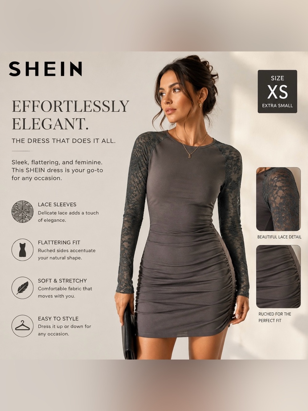 SHEIN Charcoal Gray Lace-Sleeve Ruched Bodycon Dress